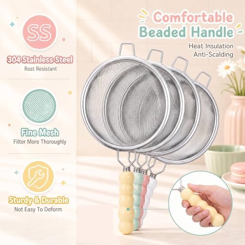 4 Pcs 3.1 in Mini Fine Mesh Strainer Set with Ceramic Handles