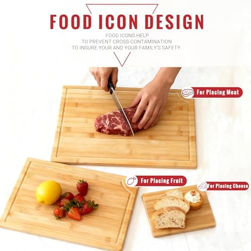 Large Bamboo Cutting Board 3 Piece Set with Juice Groove & Handle