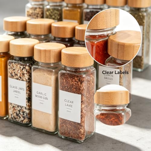 Glass Spice Jars with Label, 24Pk Bamboo Jar Spices Set 4Oz