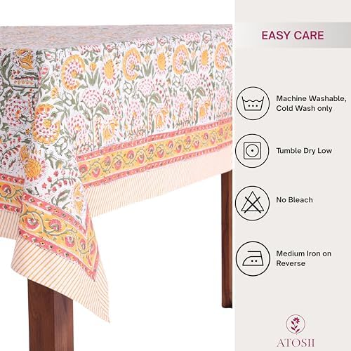 ATOSII Cotton Blockprint Rectangle Tablecloth, Clover Yellow, 90" X