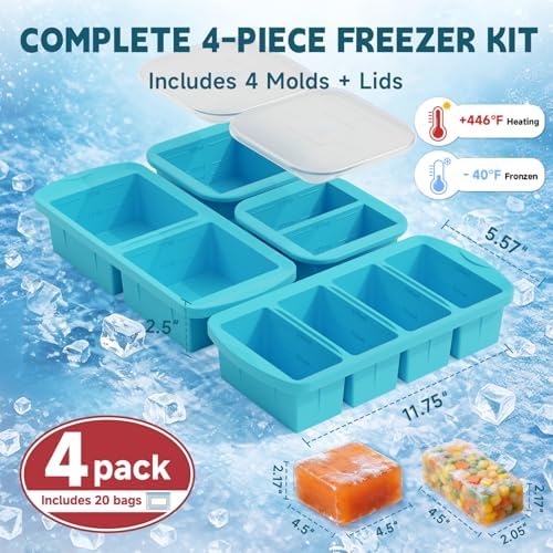 4-Pack Silicone Freezer Trays with Lid & 20 Bags - Multi-Size 1-Cup &