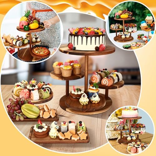 Hushee 4 Pcs Wood Round Cupcake Tower Stand with Serving Platters