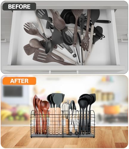 Large Kitchen Utensil Holder 4-Compartment with Diatomaceous Earth Base