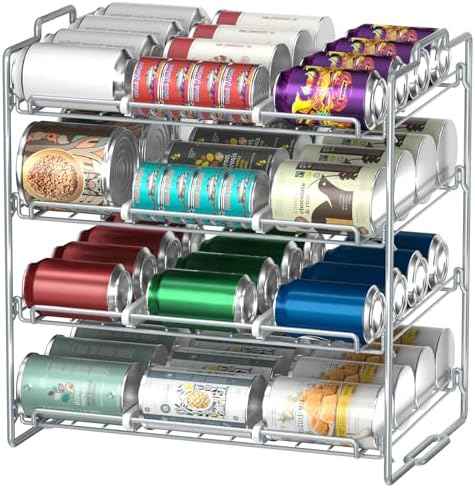 4 Tiers Stackable Can Rack Organizer, Wear-resistant Upgrade Beverage Food Can Dispenser Holder Holds up to 48 Cans for Kitchen Cabinet and Pantry (Silver)
