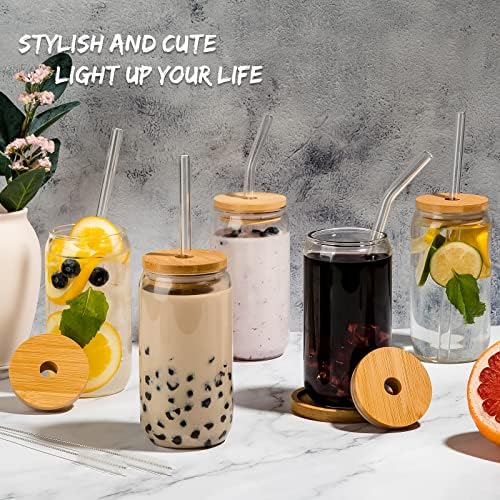 16 Oz Glass Cups, 6 Pcs with Bamboo Lids and Straws