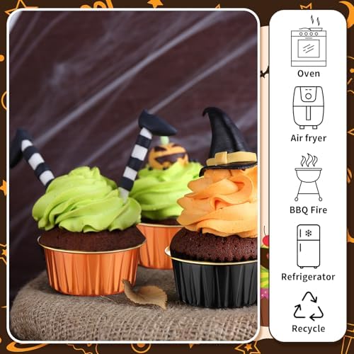 100 Pcs Baking Cups with Lids 5 Oz Foil,Black, Orange