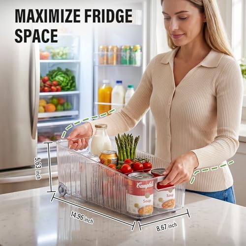 Pull Out Fridge Organizer Bins with Wheels, 8 Dividers, 2-Pack