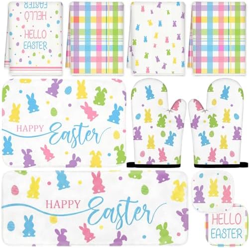 Tieshankao 10Pcs Easter Kitchen Decor Set Bunny Eggs Towels Pot