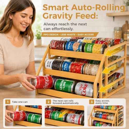 MinBoo 3-Tier Bamboo Can Organizer for Pantry - Holds 36 Cans (9/12/15) - Stackable Canned Food Dispenser with Adjustable Dividers - Gravity-Fed Rolling Storage Rack for Kitchen Cabinets