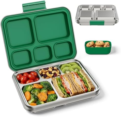 Stainless Steel Bento Lunch Box, 5 Compartments (Green)
