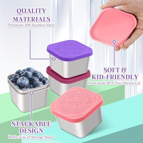 Qukaka Stainless Steel Snack Containers for Kids, 6.8oz, 3 Pack