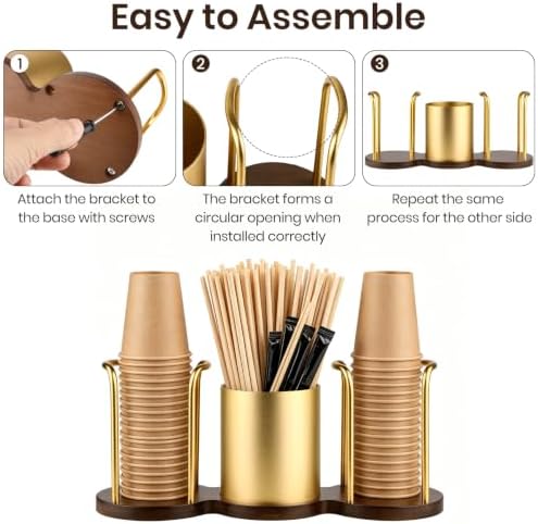 Coffee Cup Dispenser, Straw and Stirrer Storage, Gold, S