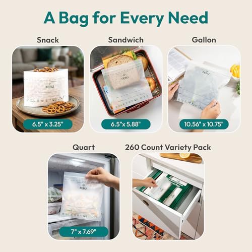 FEBU Compostable Food Storage Bags Variety Pack, 260 Count