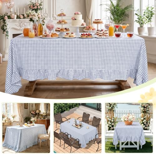 PartyDelight Gingham Ruffled Tablecloth Blue/White Plaid Checkered