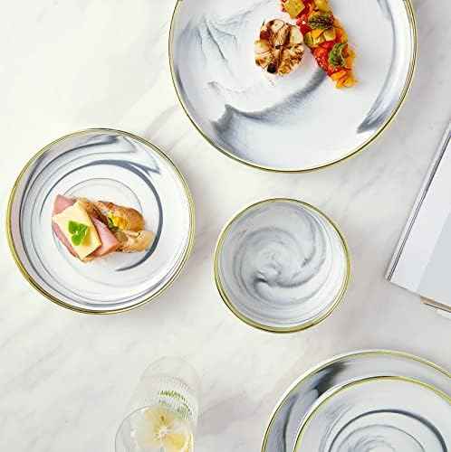 Pokini Marble Gold Rim Dinnerware Sets, Porcelain Plates and Bowls