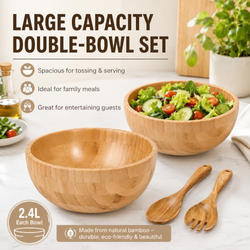 2 Sets Wood Salad Bowl with Spoons Forks, Large Natural Wooden Bowls