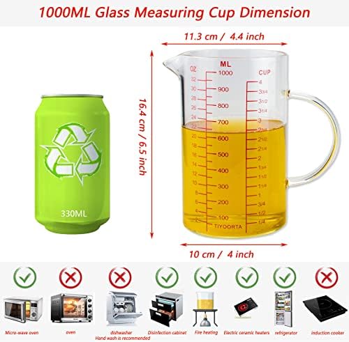 Glass Measuring Cup with Handle, Three Scales (OZ, Cup, ML), V-Shaped