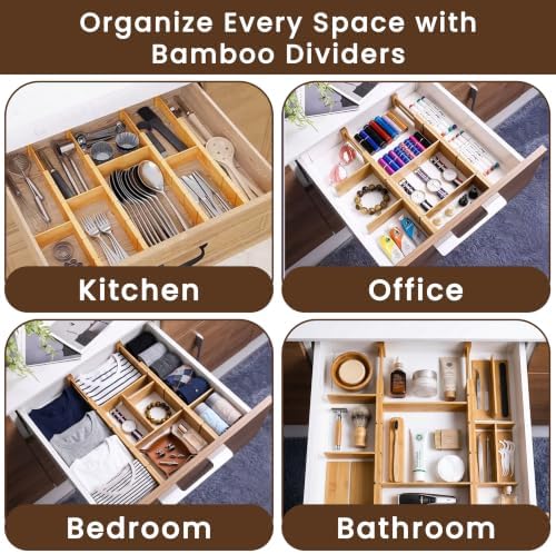 6 Pack Bamboo Drawer Dividers with 12 Inserts, Adjustable 17–22 Inch