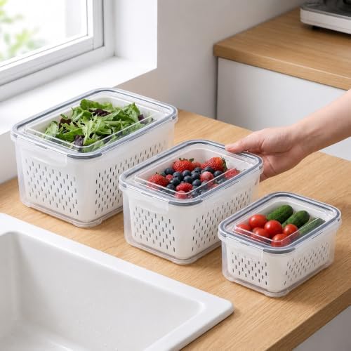 3-Pack BPA-Free Fruit Storage Containers for Fridge with Removable