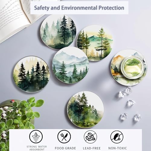 Table Coaster for Drinks Set of 6, Watercolor Misty Forest Round