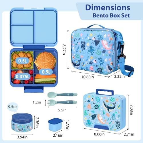 Kids Bento Lunch Box Set with 9.5oz Soup Thermo, Leak-Proof Lunch Food