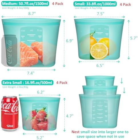 Reusable Food Bags, 12 Pack 100% Silicone Food Storage Bags Stand Up