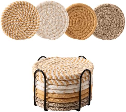 Drink Coasters Set of 8 with Holder, Cotton Woven