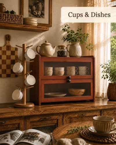 Brown Bread Box for Kitchen Countertop, 2 Tier Large Capacity Wooden Bread Storage Container, Farmhouse Bread Keeper for Bread, Bagels, Pantry Organizer