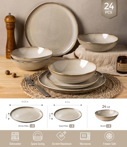 GBHOME Stoneware Dinnerware Sets for 8,24 Piece Rustic Plates and Bowls Set