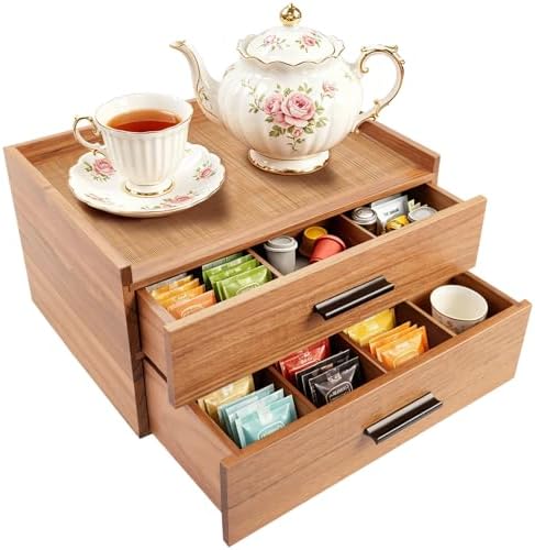Wood Tea Bag Organizer with Double Drawer, Coffee and Tea Station