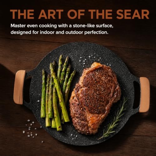 Round Korean Grill Pan, 30cm Nonstick Stone-Like Coated Iron BBQ Griddle with Wooden Handles for Home Camping Cooking