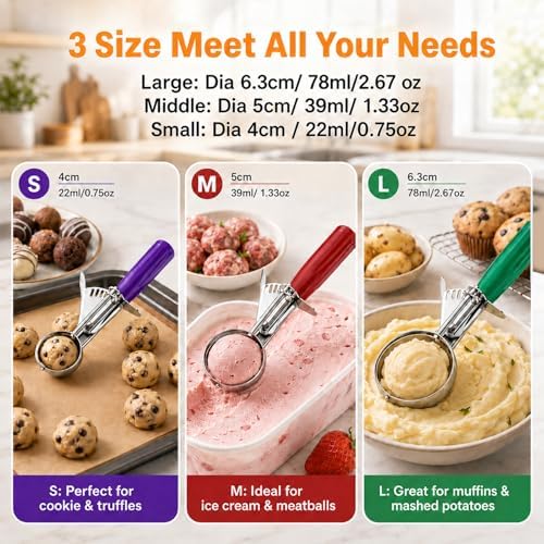 Cookie Scoop Set of 3, Ice Cream Scoop with Trigger & Anti-Freeze Grip