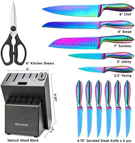 WELLSTAR Rainbow 14-Piece German Stainless Steel Knife Set