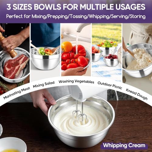 Herogo Stainless Steel Mixing Bowls with Lids Set of 3, 1.5/3/4.6Qt