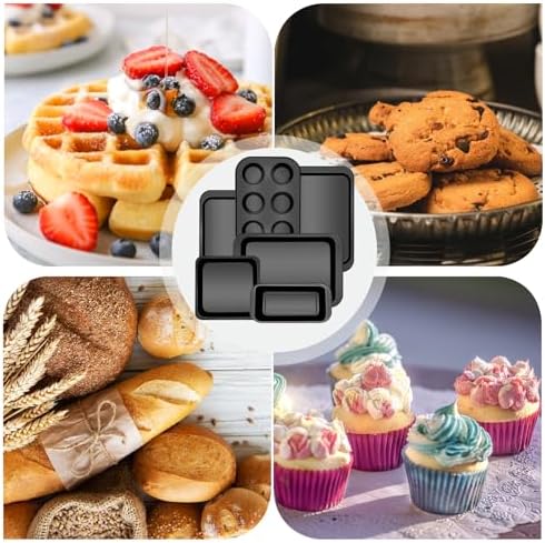 6-Piece Carbon Steel Bakeware Set, Nonstick Baking Pans with Cookie Sheet, Deep Roaster, Square Pan, Loaf Pan, Muffin Pan for Cooking,Baking Pans Set (black)
