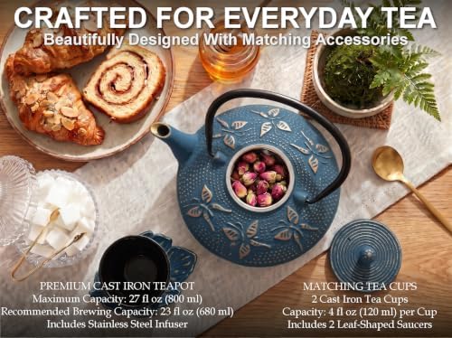 Blue Butterfly Cast Iron Tea Set, 2 Cups, 2 Saucers, Infuser & Trivet