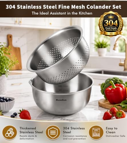 304 Stainless Steel Fine Mesh Colander Set, 2QT Large Capacity
