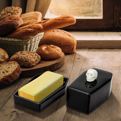 Ceramic Butter Dish with Lid Set Gothic Skull Shape Butter Container