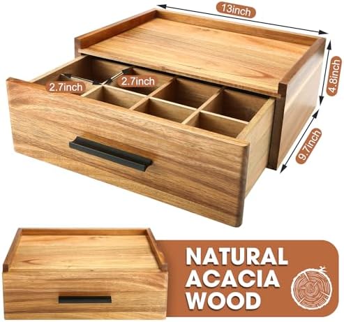 Acacia Wood Tea Bag Organizer with Drawer - 12-Compartment Tea Storage