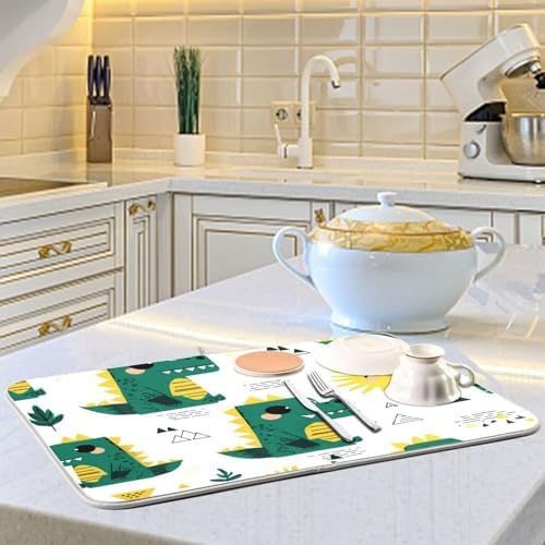OTVEE Cute Dinosaur Pattern Dish Drying Mat for Kitchen Counter