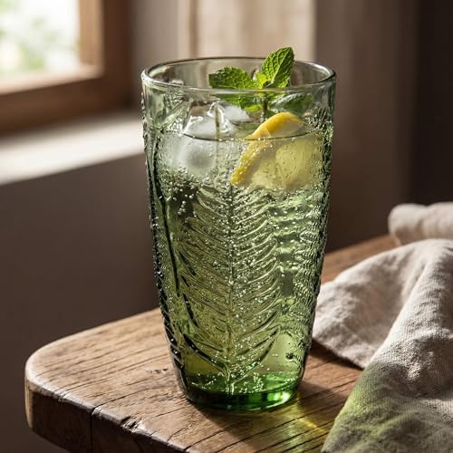 Green Drinking Glasses Set of 4, 16 oz Glass Cups, Vintage Fern