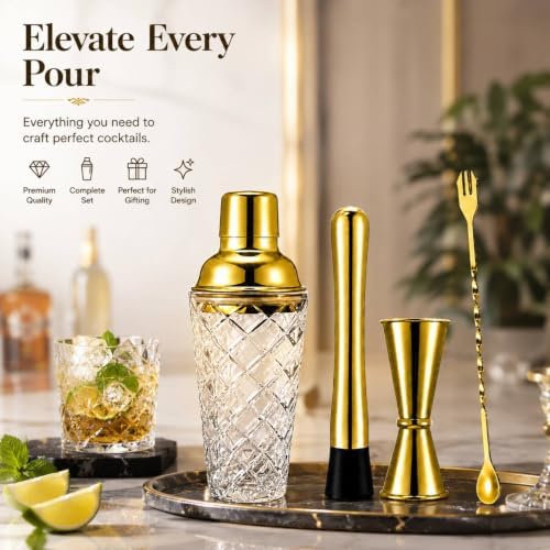 WUWEOT 4 Pcs Cocktail Shaker Set, Glass Gold Bartender Kit