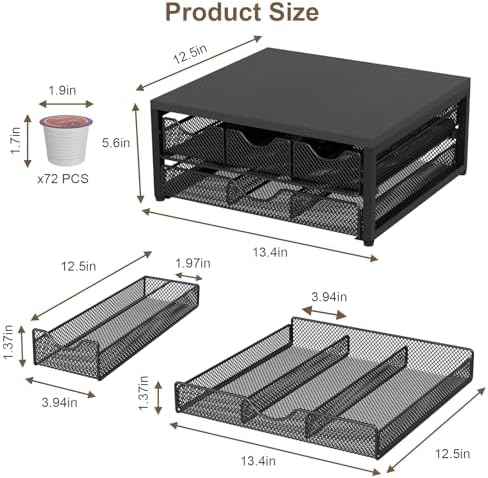 Coffee Pod Holder For Counter, 3 Pull-Out 72 K-Cup Holder Drawer, Wooden Cafe Pods Storage Organizer with Sliding Drawers for Coffee Station, Home, Kitchen, Office, Dorm (Black)