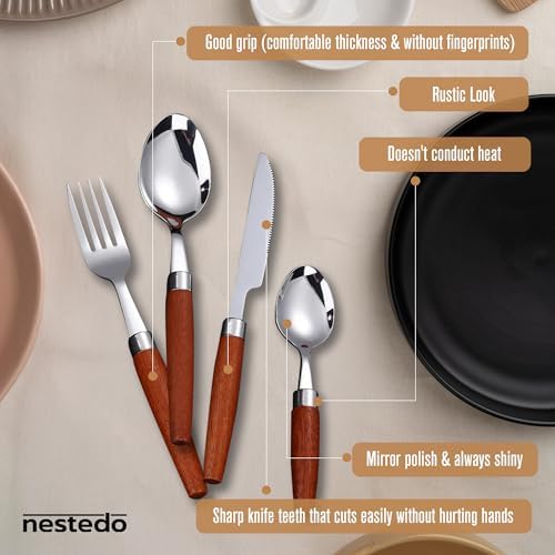 16-Piece Wood Handle Flatware Set, Stainless Steel, Service for 4