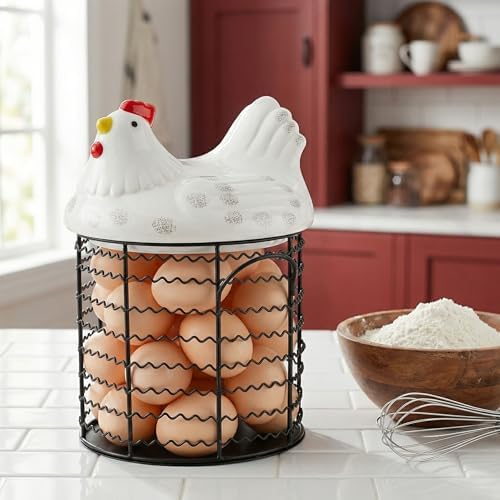 Hiceeden Metal Egg Storage Basket with Chicken Lid