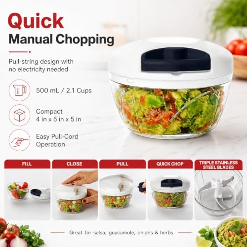Pull String Food Chopper, 500 mL Manual Vegetable Cutter