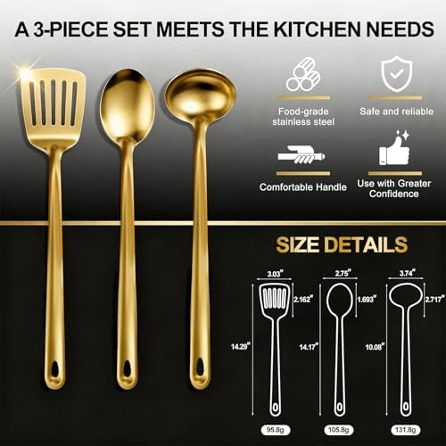 Kitchen Cooking Utensil Sets, 3 pcs Stainless Steel Titanium Gold