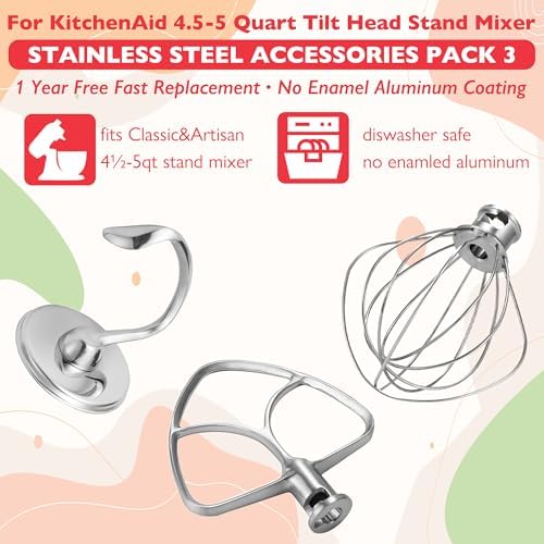 Stainless Steel Whisk Beater and Dough Hook for Kitchenaid Tilt-Head