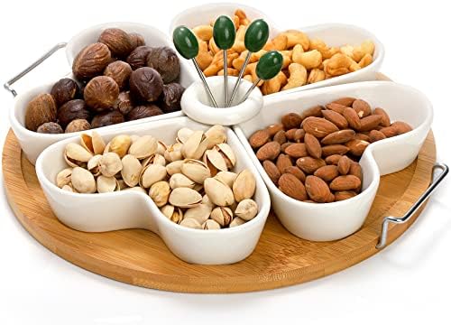 ZEAYEA 11 Inch Appetizer Serving Tray with Holder, Ceramic Divided Serving Platter with Food Picks for Christmas, Relish Tray for Chips and Dip, Veggies, Candy and Snacks, Parties, White