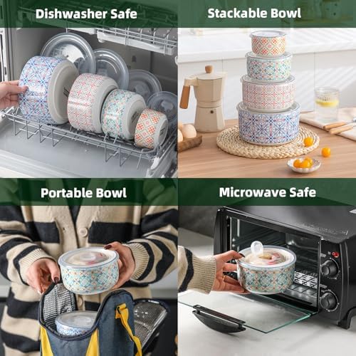 Ceramic Nesting Bowl Set with Lids, Microwave Safe, Set of 4